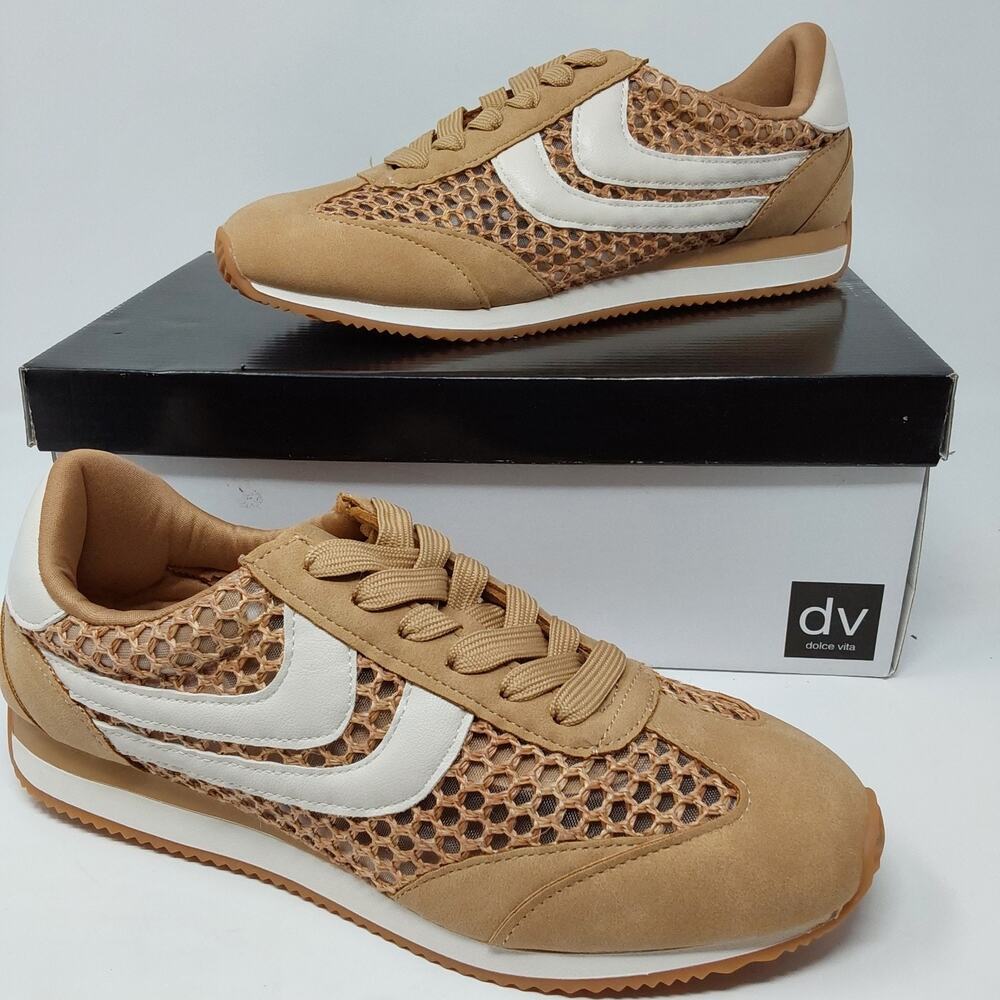 Dolce Vita Hype Sneakers Women's 8.5 Camel Raffia Mesh Lace Up Casual Shoes